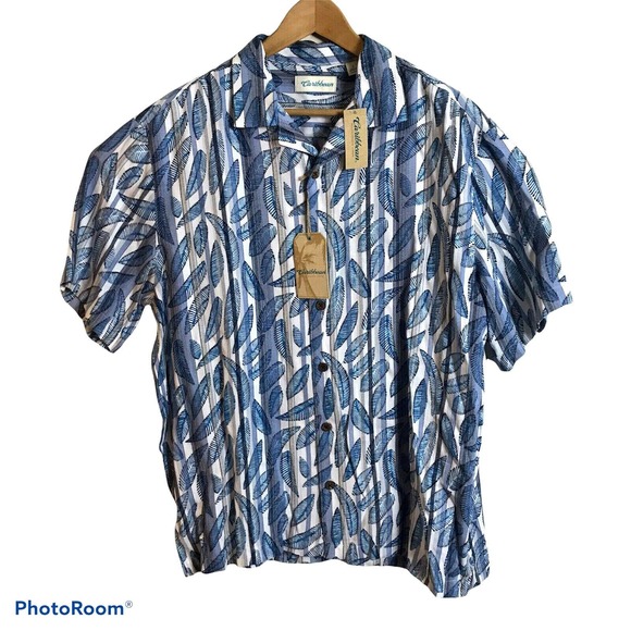 Roundtree & Yorke Other - CARIBBEAN R&Y Short Sleeve Camp Hawaiian Shirt Blue Leaf Size Large NEW $69